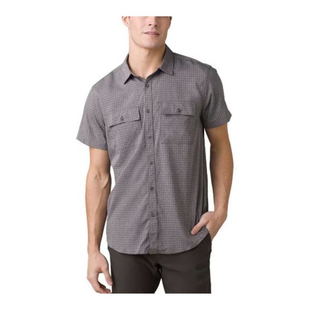 prAna Mens Garvan Button-Up Shirt Short Sleeve Pockets Size L Gray